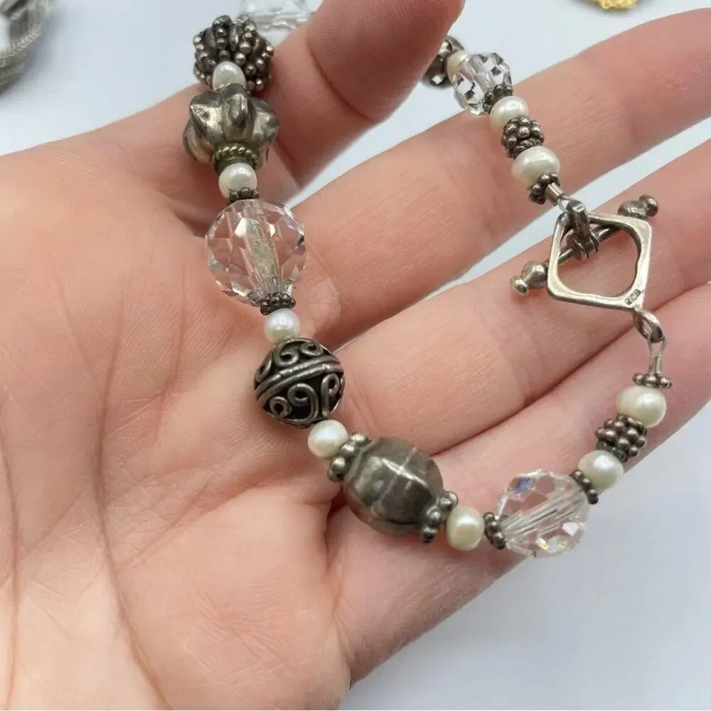 925 Silver & Clear Glass Beads Beaded Bracelet Marked Charms
